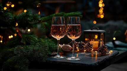 Celebratory toast with sparkling wine cozy christmas setting festive decor nighttime warm ambiance