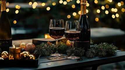 Celebratory toast with red wine and champagne cozy outdoor setting evening ambiance festive vibes