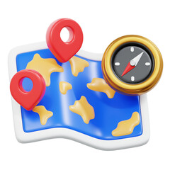 A 3D map with location markers and compass for navigation, ideal for travel, navigation, and location-based apps.