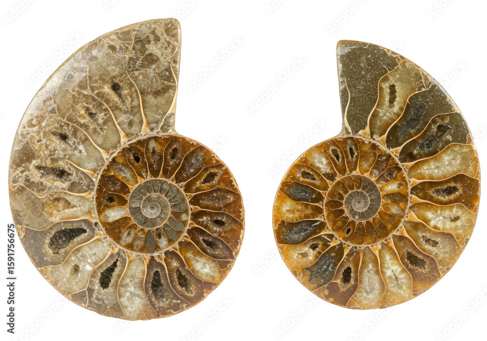 Poster two ammonite fossils showing their intricate spiral patterns isolated on transparent background