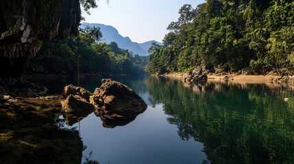 Serene river reflection lush forest nature photography tranquil environment scenic viewpoint eco-conscious concept