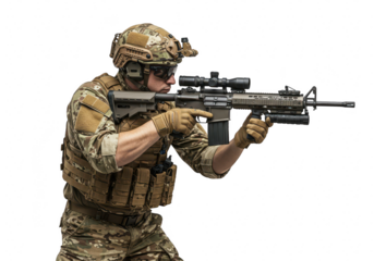 A soldier in tactical gear holding a rifle, isolated on a transparent background