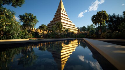 Golden pagoda reflection serene water body architectural marvel lush nature wide angle view spiritual tranquility