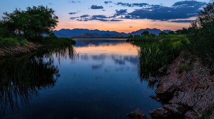 Sunset reflection on tranquil river desert mountains nature photography serene landscape wide view peaceful serenity