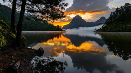 Sunset reflections over tranquil lake mountain landscape nature photography serene environment wide angle view peaceful concept