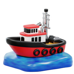 3D Illustration a detailed tugboat model floating on blue water surface, ideal for maritime or toy-themed content.