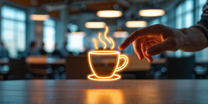 A hand interacts with a glowing neon coffee cup on a table in a modern office or cafe setting.