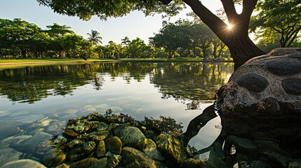 Serene sunset reflection over calm lake tranquil park nature photography lush environment ground-level view peaceful concept