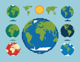 Pixel Earth. Globe world map in color and silhouette pixel art 8 bit style, oceans and continents. Earth planet for retro game and eco concept. Vector isolated icons