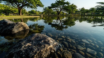 Tranquil reflection on water serene park nature photography calm environment ground level peaceful escape
