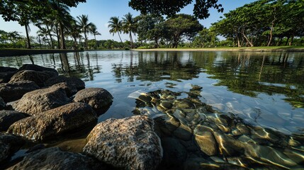 Peaceful reflection by the water tropical park nature photography calm environment close-up view serenity in nature