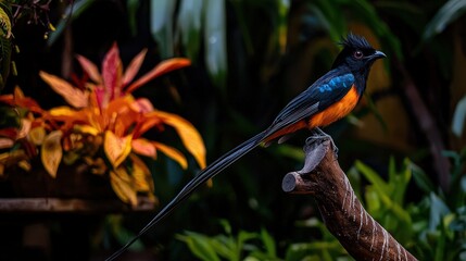 Vibrant bird perched among exotic foliage tropical garden wildlife photography lush environment close-up nature's beauty