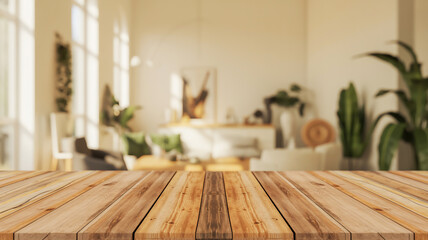 Wooden table in bright living room with plants foreground