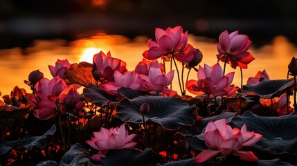 Vibrant lotus blossoms at sunset over tranquil water nature photography serene environment close-up view