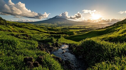 Breathtaking sunrise over majestic mountain range lush green hillside nature photography serene landscape wide angle view