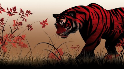Majestic red tiger roaming through autumn leaves nature scene illustrative art tranquil environment detailed view wild beauty