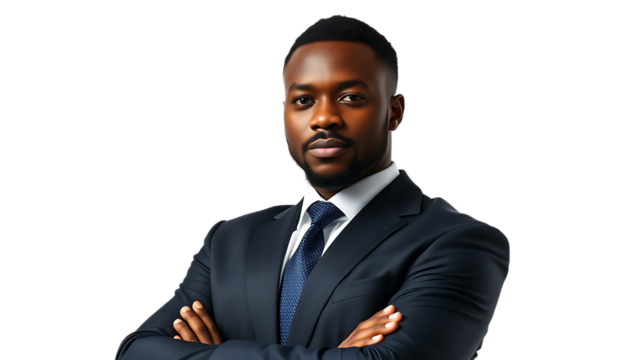 Business man portrait isolated on white transparent background Afro businessman in suit crossed arms
