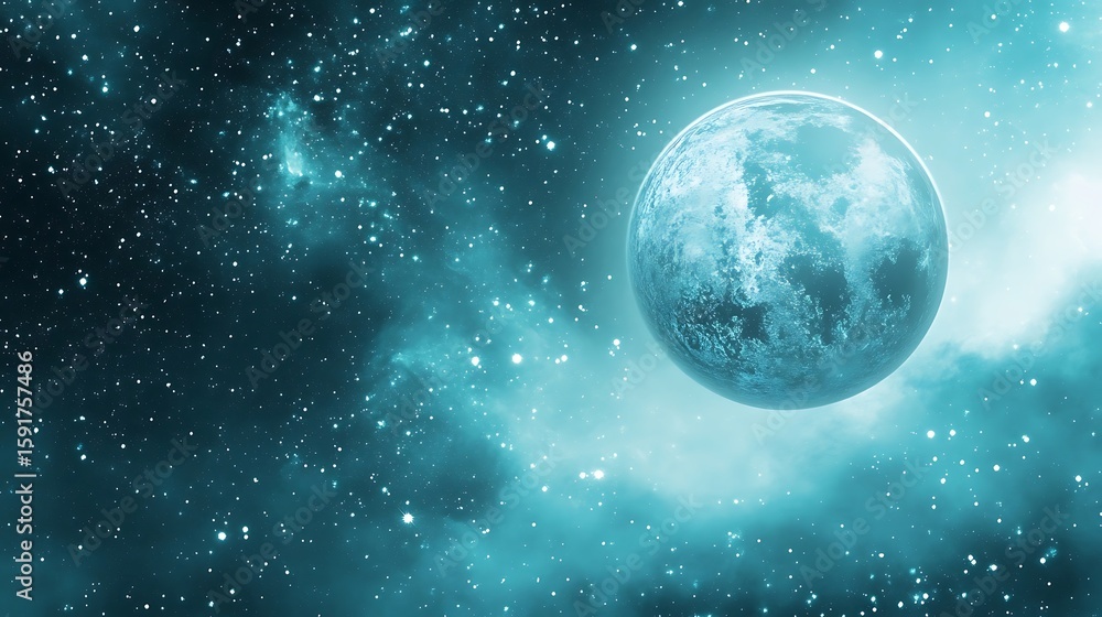 Poster glow planet floats in deep space with nebula and starry sky
