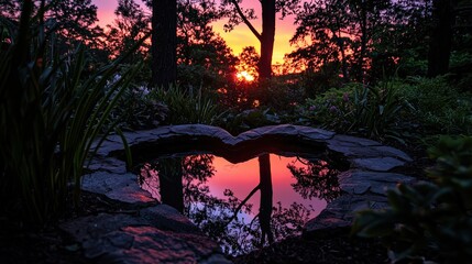 Sunset reflection in heart-shaped pond tranquil garden nature photography serene atmosphere elevated view love for nature