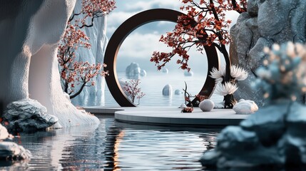 Serene nature landscape tranquil water body digital art calm environment close-up view ethereal beauty