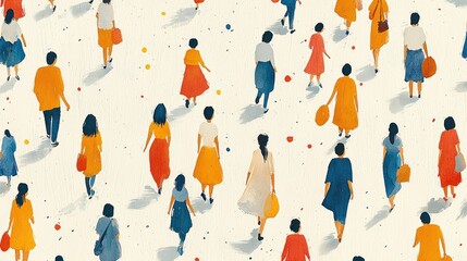 A vibrant pattern of people walking in a city street.