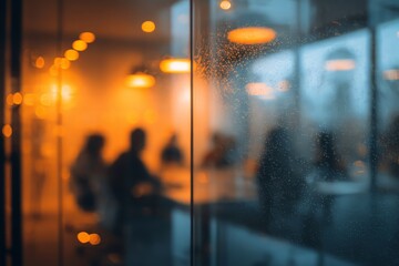 Blurred Business Meeting Room Through Glass Door At Night