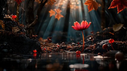 Enchanted blooming lotus mystical forest nature photography serene water close-up view tranquility concept for seo impact