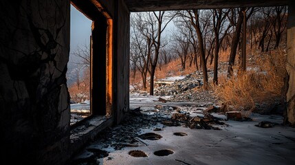 Desolate ruins in a burned landscape abandoned structure post-apocalyptic scene stark environment through broken windows