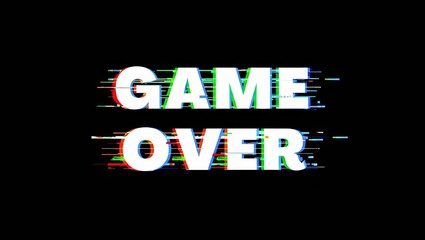 Glitch effect game over screen with distorted text and retro style.