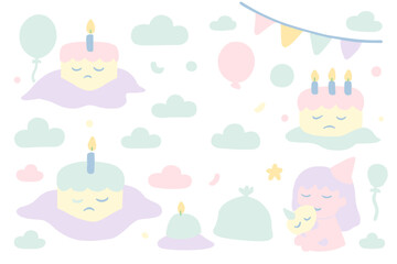 A whimsical illustration depicts a sad-faced birthday cake with lit candles, surrounded by pastel clouds, balloons, and a girl with a cat, creating a melancholic celebration.