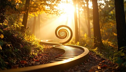 Golden spiral path through autumn forest
