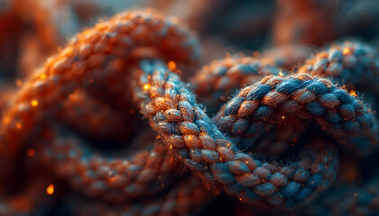 Close-up Braided Rope Texture with Orange and Blue Hues and Sparkling Details