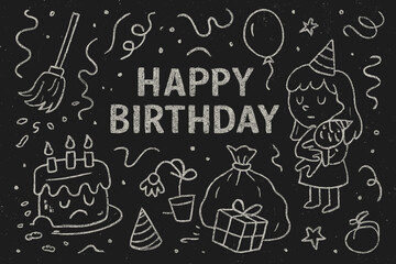 A whimsical chalk-style illustration on a dark background features a 'Happy Birthday' message surrounded by quirky, melancholic party elements.