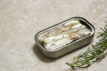 Overhead view of open sardine tin, great source of daily protein intake