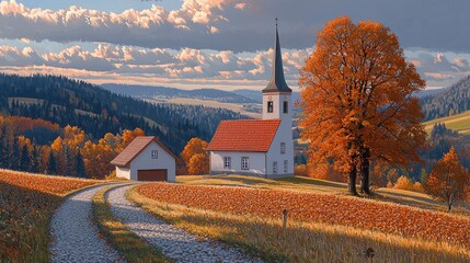 A picturesque autumnal landscape featuring a charming church and farmhouses.