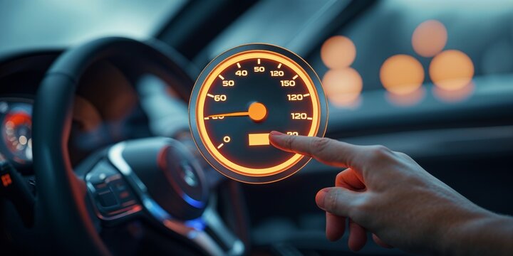 A hand interacts with a digital speedometer display in a modern car, showing speed and technology interface.