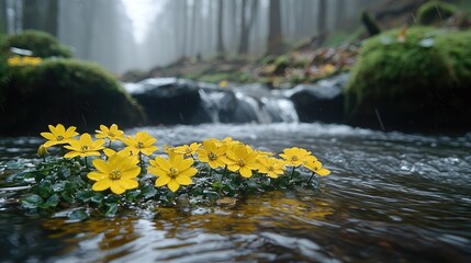 Bright yellow flowers bloom in a flowing mountain stream.