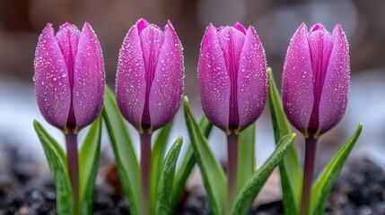 Four vibrant purple tulips, glistening with morning dew, in a close-up view.