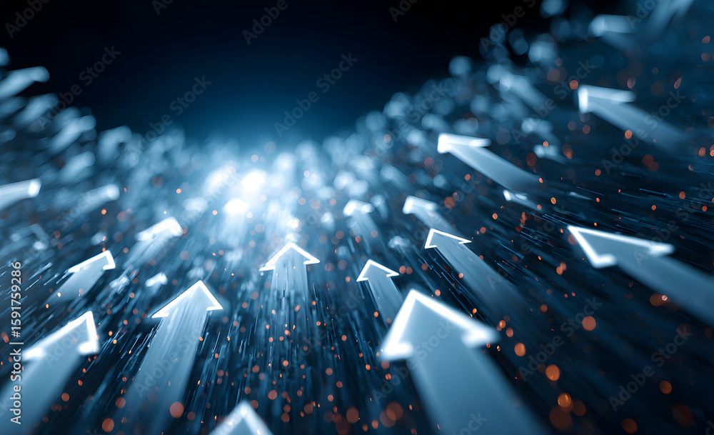 Poster blue background with many arrows pointing upwards. the arrows are in different sizes and are scatter
