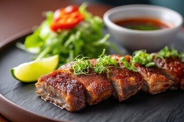 Grilled crocodile meat plated with exotic sauce and fresh greens on a dark dish