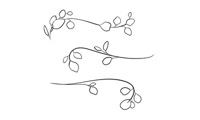 Border frames sprigs set, continious line drawing.  
3 eucalyptus branches outline. Vector illustration