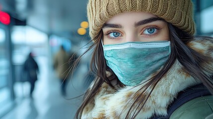 A young woman wearing a teal face mask outdoors in winter.