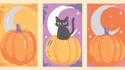 Illustrations of pumpkins and a black cat with a moon and stars for a halloween themed background art work