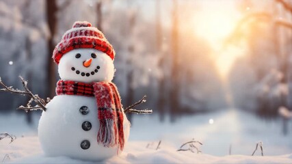Smiling snowman with carrot nose, button eyes, and red scarf stands in snow-covered landscape during golden winter sunset. Festive and cheerful mood. - Powered by Adobe