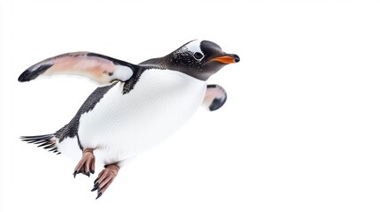 Fototapeta premium Gentoo penguin in flight against a white background.