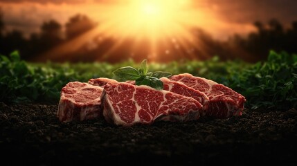 Freshly cut steaks resting on rich soil, bathed in the golden light of sunset.