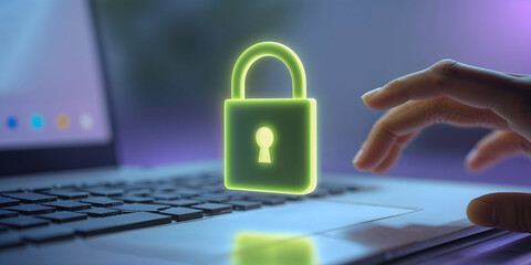 A digital padlock hovers over a laptop, symbolizing cybersecurity, data protection, and internet privacy.