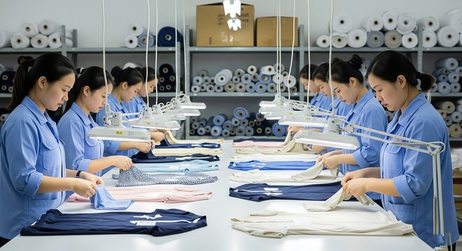 Textile factory workers inspecting clothing garments at a manufacturing facility
