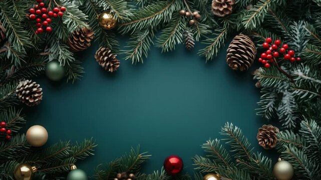 Top view of Christmas border with fir branches, pinecones, red berries, and baubles on green background. Winter festive frame concept. Holiday decoration.