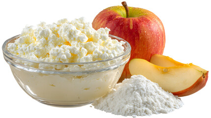 Glass bowl with cottage cheese egg brown sugar vanilla sugar surrounded with apple rice flour isolated on a white background